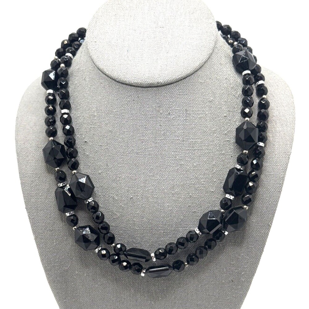 Vintage CAROL DAUPLAISE Black Station Necklace Faceted Bead Long Statement 40"